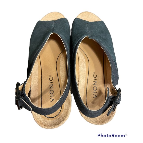 Vionic | Shoes | Vionic Trixie Black Suede Peep Toe Sling Back Orthotic Wedge Sandals Womens 8 